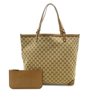Gucci GG Canvas Tote Bag Shoulder Leather Brown Pouch